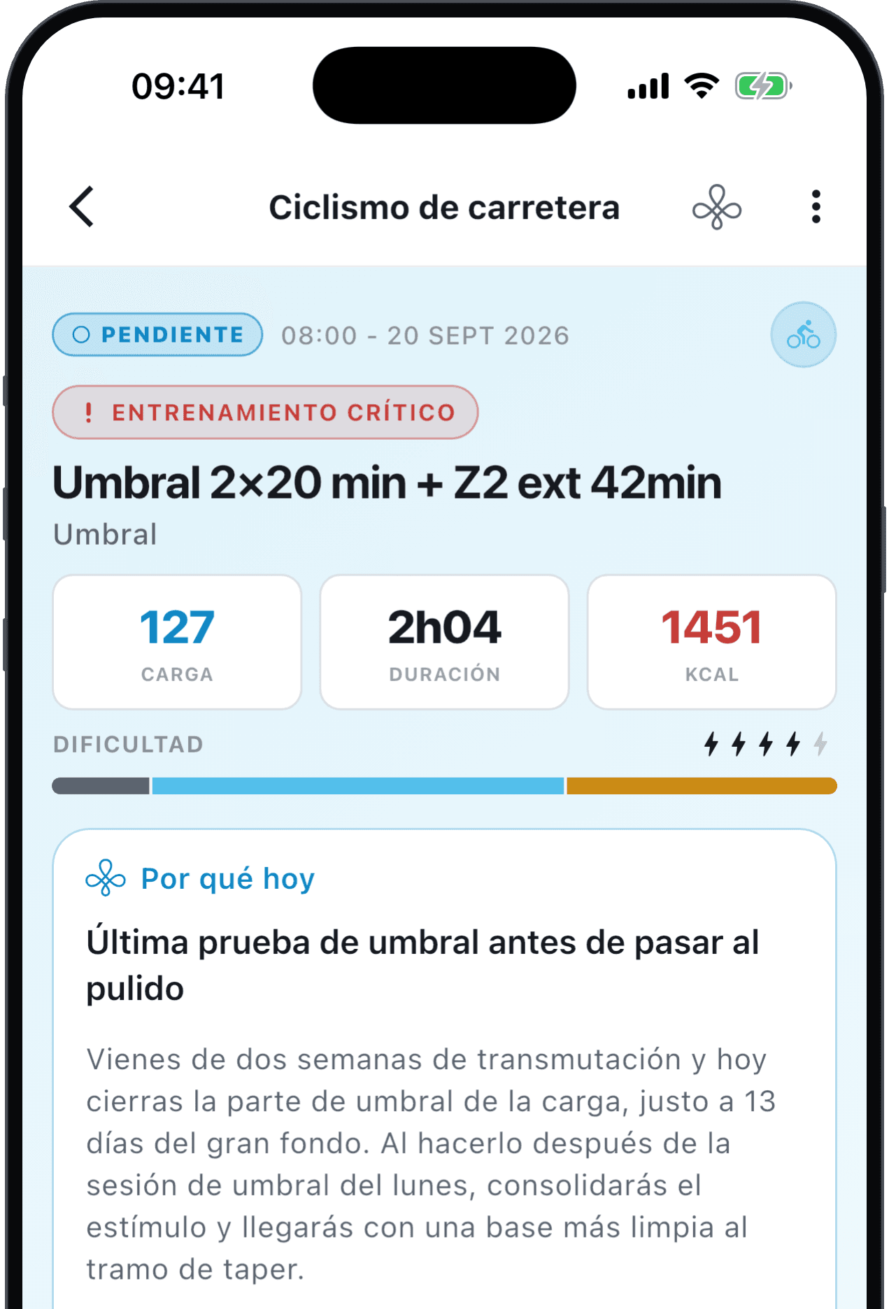 Sesión del día con el bloque «Por qué hoy» del coach